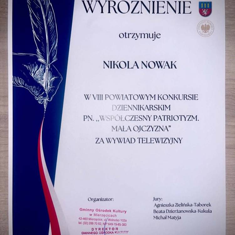 Patriotyzm współcześnie – wyróżnienie dla naszej uczennicy