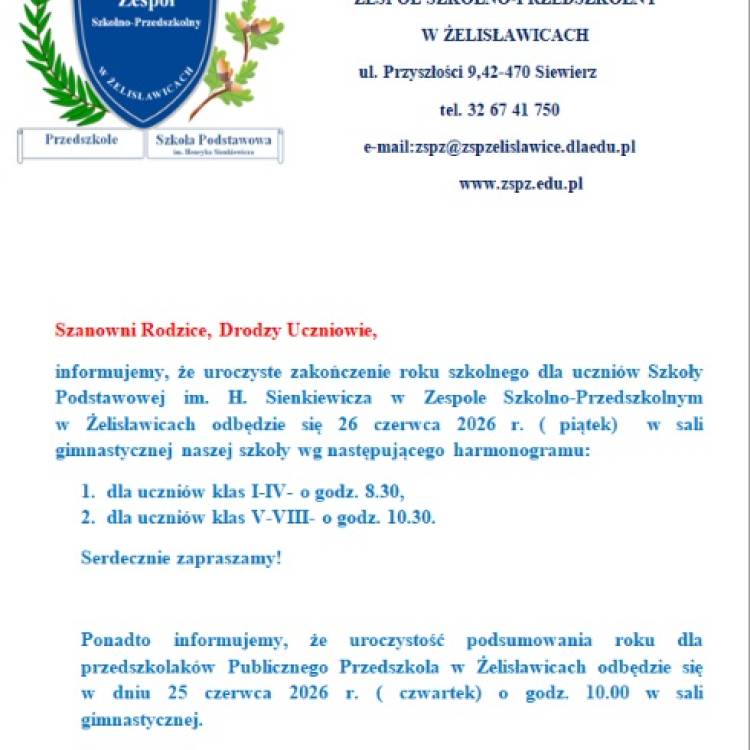 Zakończenie roku szkolnego 2025-2026